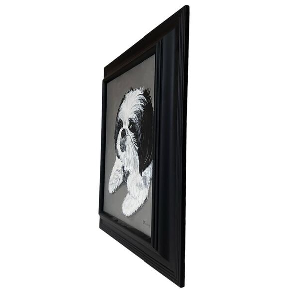 Shih Tzu Dog Puppy Artist Signed Painting Portrait Black Frame 15”x18” Eclectic - Picture 11 of 11